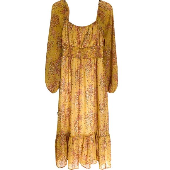 Piper and Scoot Yellow Shimmer Floral Long Sleeve Midi Dress Size Medium - Picture 2 of 12